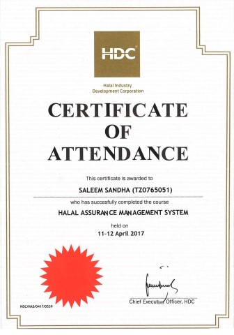 Halal Assurance Management System Certificate received From HDC Training Center Kuala Lumpur Malaysia